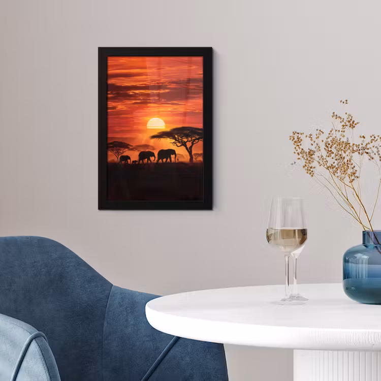 Poster met lijst - Savanne - Olifanten - Zonsondergang — 2