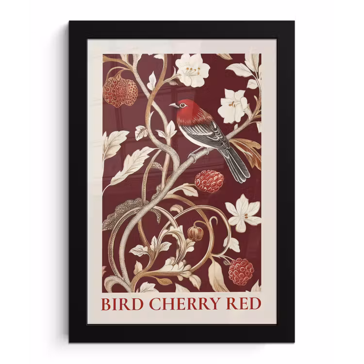 Poster met lijst - Vogel - Bordeaux - Bloemen - Bessen — 1