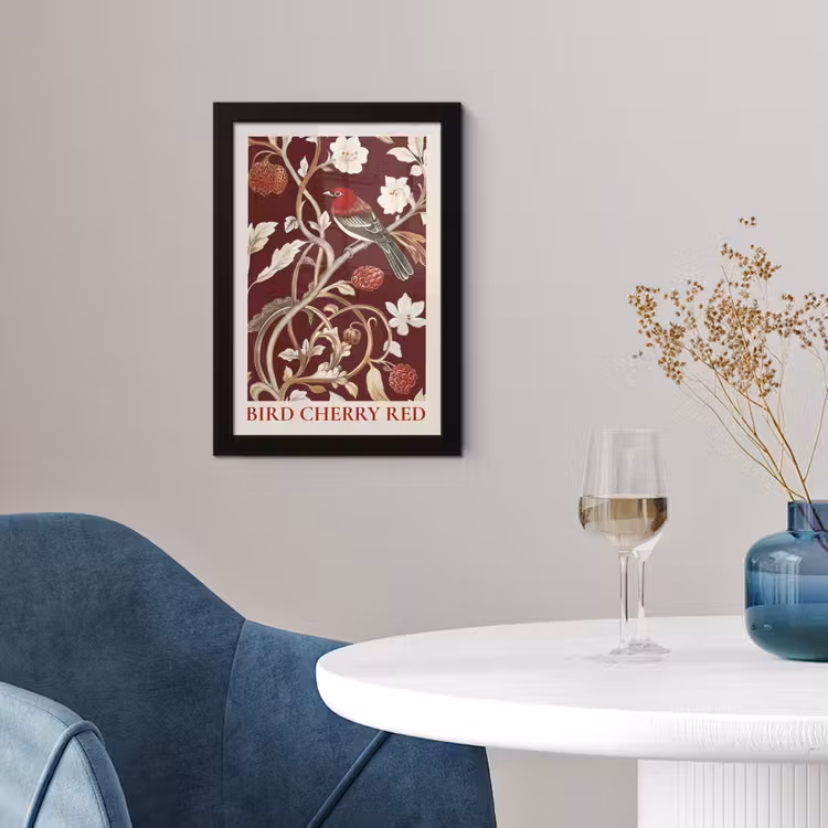 Poster met lijst - Vogel - Bordeaux - Bloemen - Bessen — 2