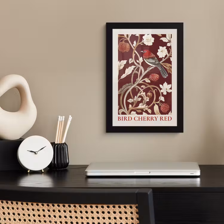Poster met lijst - Vogel - Bordeaux - Bloemen - Bessen — 3