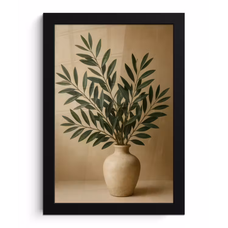 Poster met lijst - Vaas - Olijftakken - Bladeren - Beige — 1