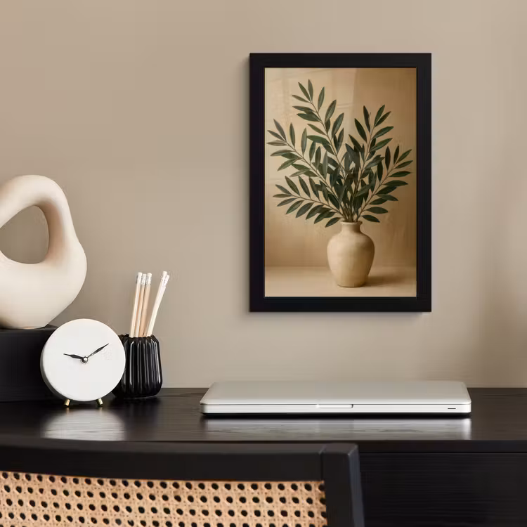Poster met lijst - Vaas - Olijftakken - Bladeren - Beige — 3