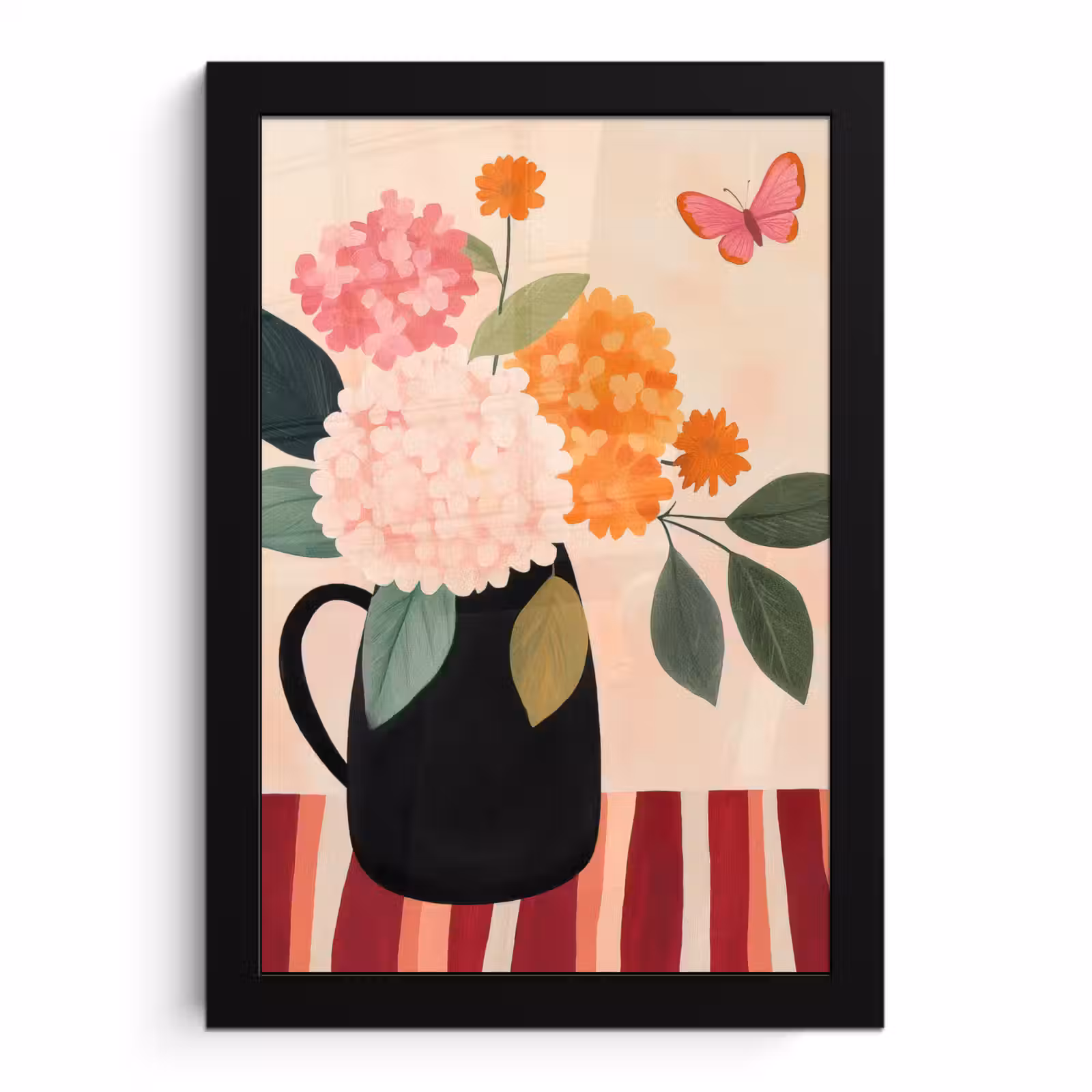 Poster met lijst - Vaas - Bloemen - Vlinder - Rood — 1