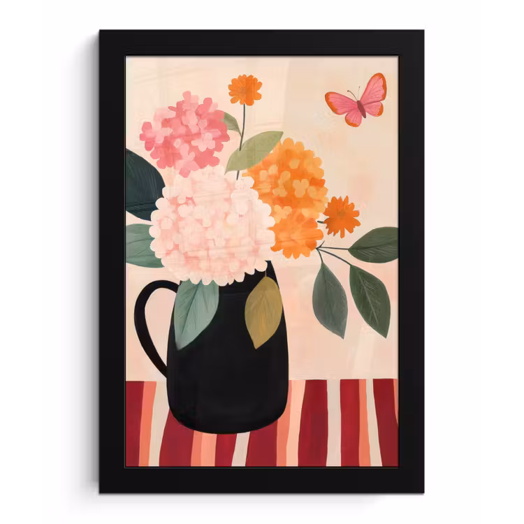 Poster met lijst - Vaas - Bloemen - Vlinder - Rood — 1