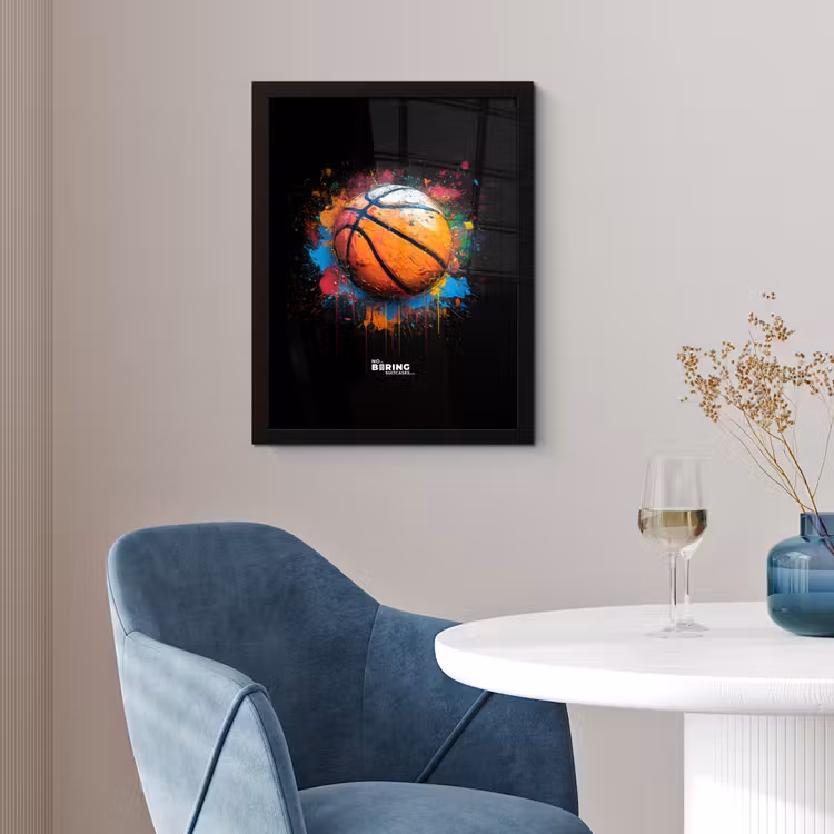 Poster met lijst - Oranje basketbal te midden van verfspetters — 2