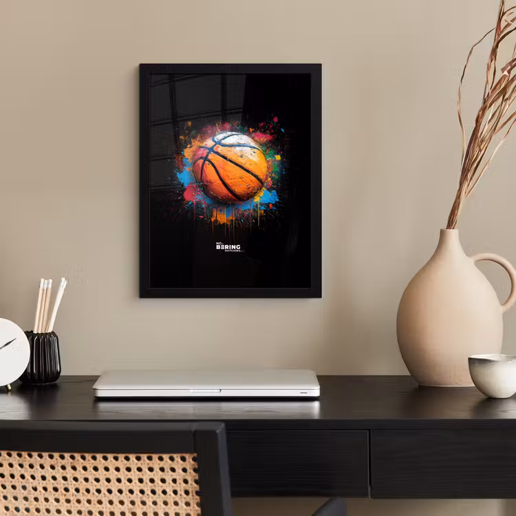 Poster met lijst - Oranje basketbal te midden van verfspetters — 3