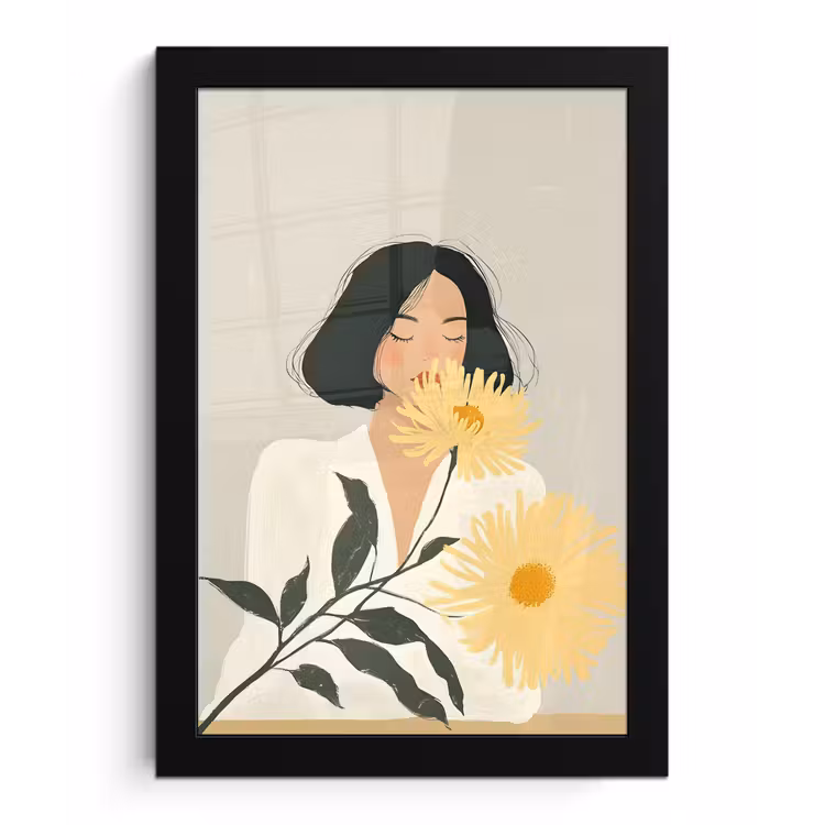 Poster met lijst - Vrouw - Bloem - Geel - Minimalistisch — 1
