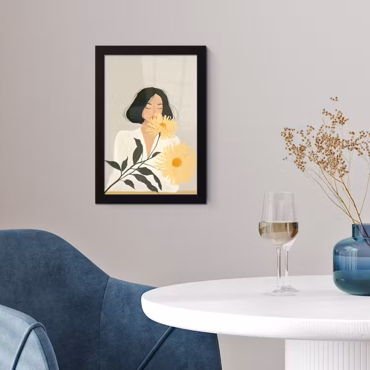 Poster met lijst - Vrouw - Bloem - Geel - Minimalistisch — 2