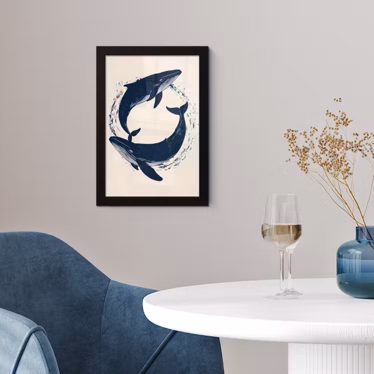 Poster met lijst - Walvissen - Spetters - Cirkel - Donkerblauw — 2
