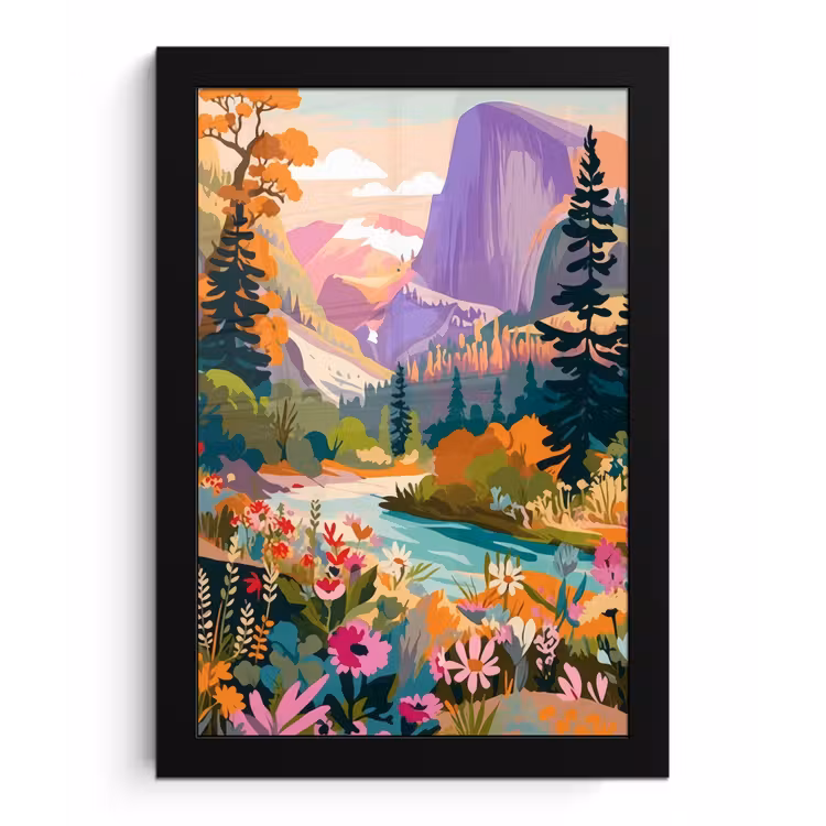 Poster met lijst - Rivier - Vallei vol bloemen - Levendig — 1