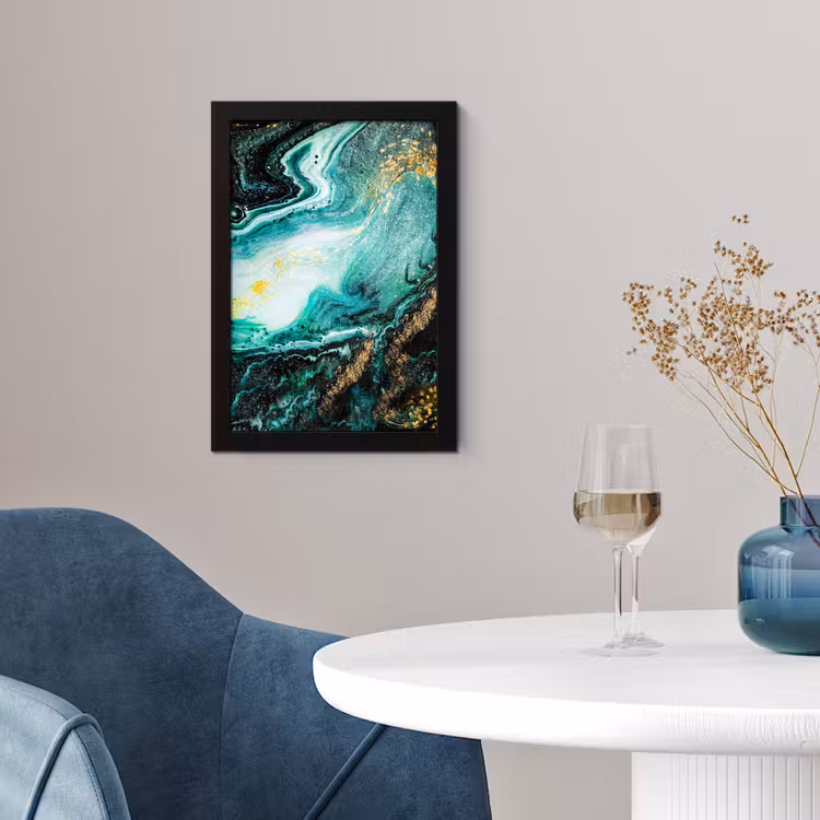 Poster met lijst - Marmerlook - Blauw - Goud - Glitter - Luxe - Marmer — 2