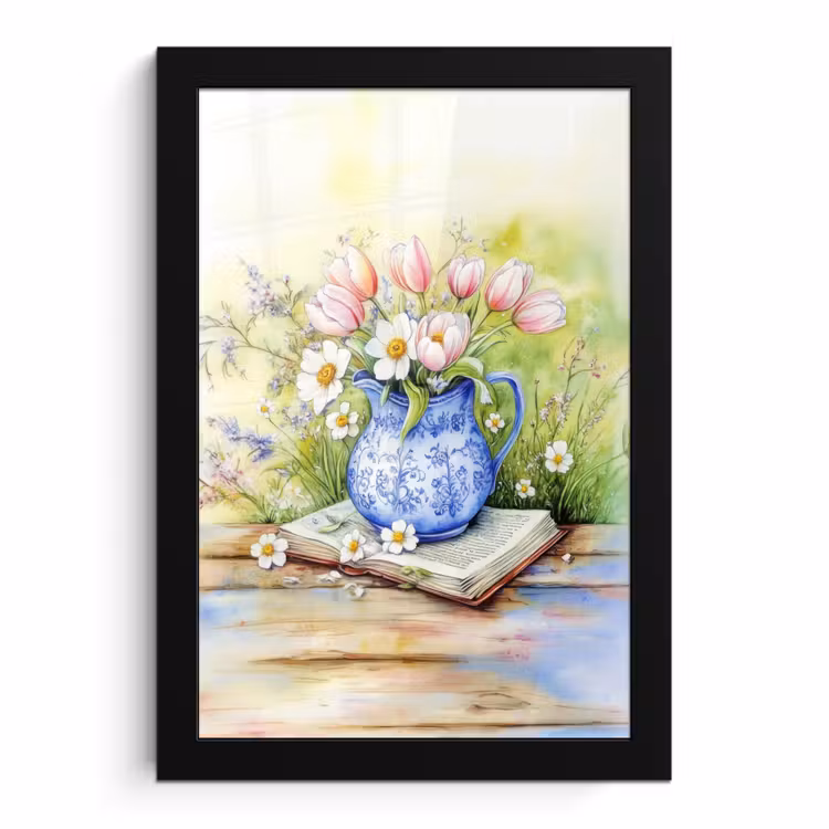 Poster met lijst - Vaas - Delftsblauw - Madeliefjes — 1