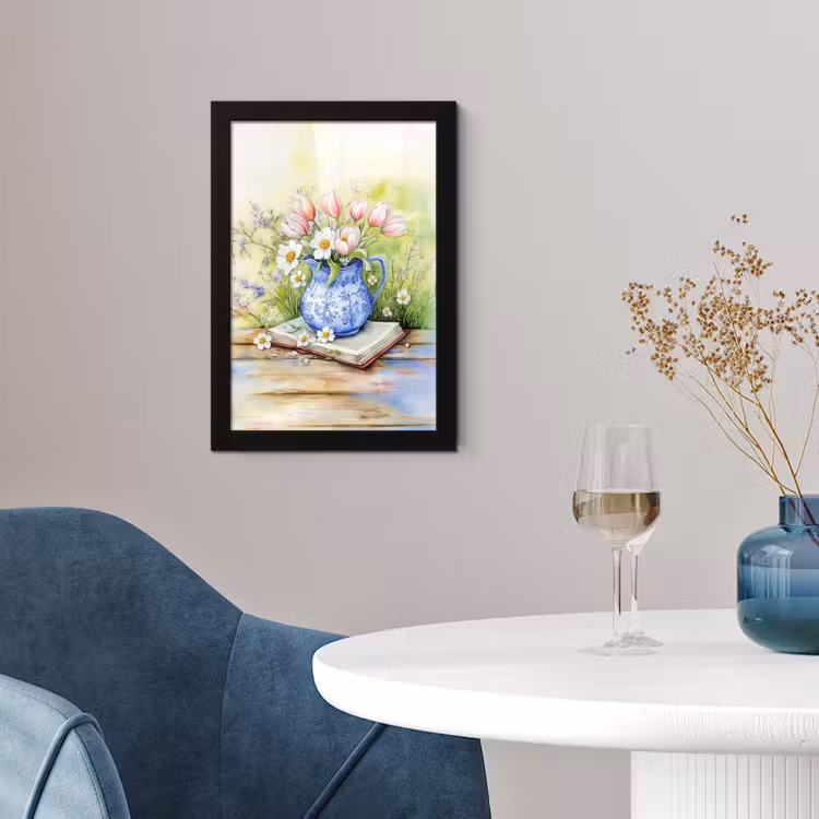 Poster met lijst - Vaas - Delftsblauw - Madeliefjes — 2