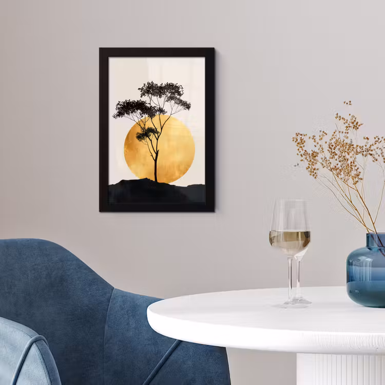 Poster met lijst - Zwarte boom - Gouden cirkel - Heuvel — 2