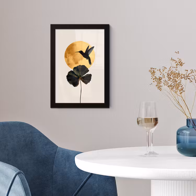 Poster met lijst - Zwarte kolibrie - Bloem - Gouden cirkel — 2