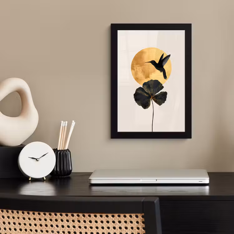 Poster met lijst - Zwarte kolibrie - Bloem - Gouden cirkel — 3