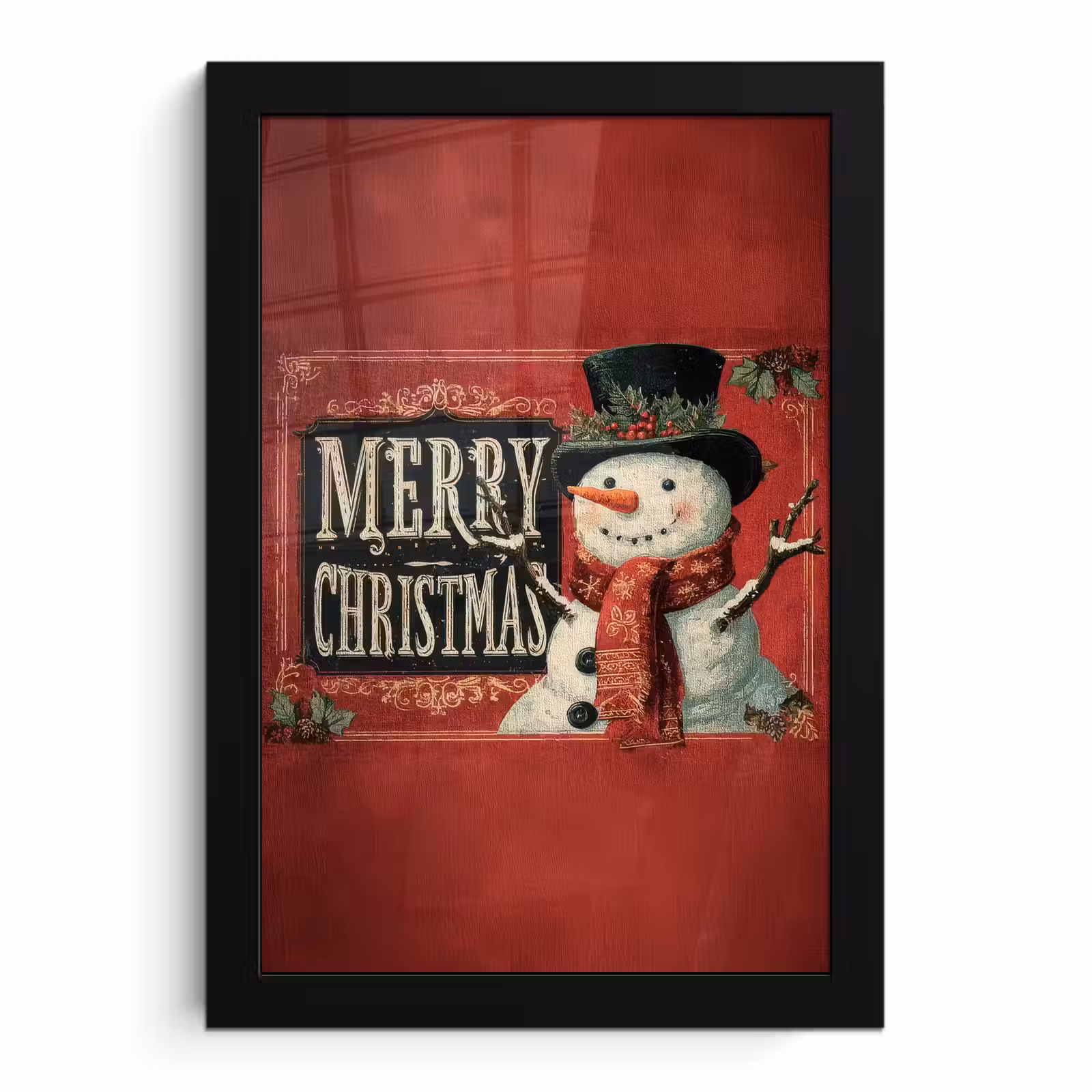 Poster met lijst - Klassiek - Kerstgroet - Sneeuwpop - Rood — 1