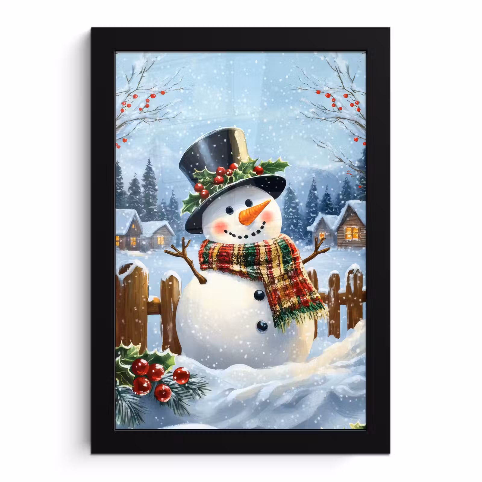 Poster met lijst - Sneeuwpop - Winterdorp - Kleurrijk — 1