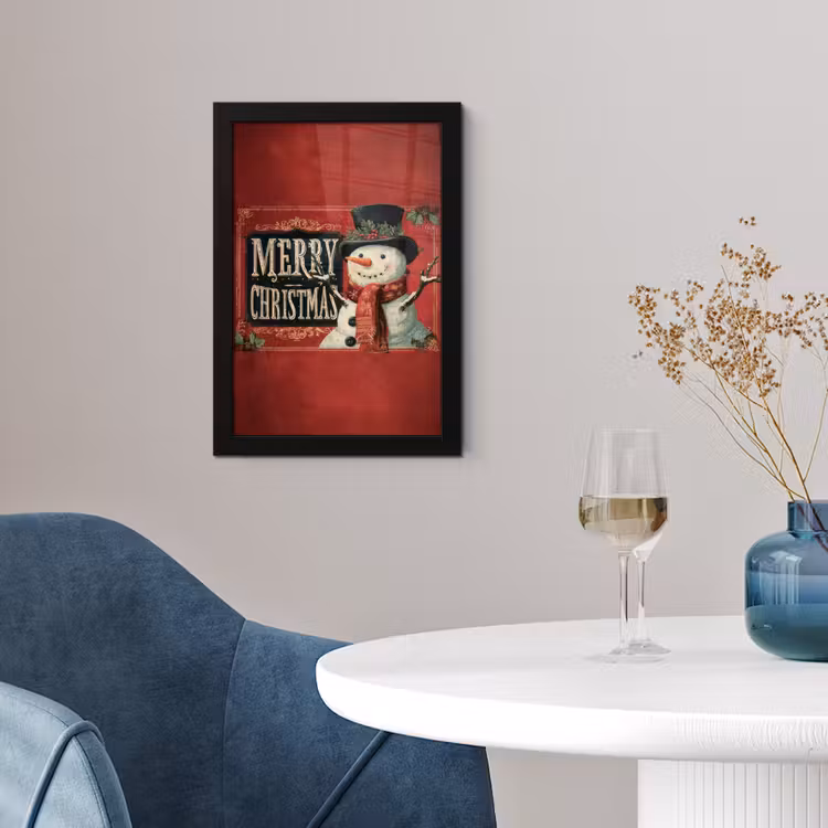 Poster met lijst - Klassiek - Kerstgroet - Sneeuwpop - Rood — 2