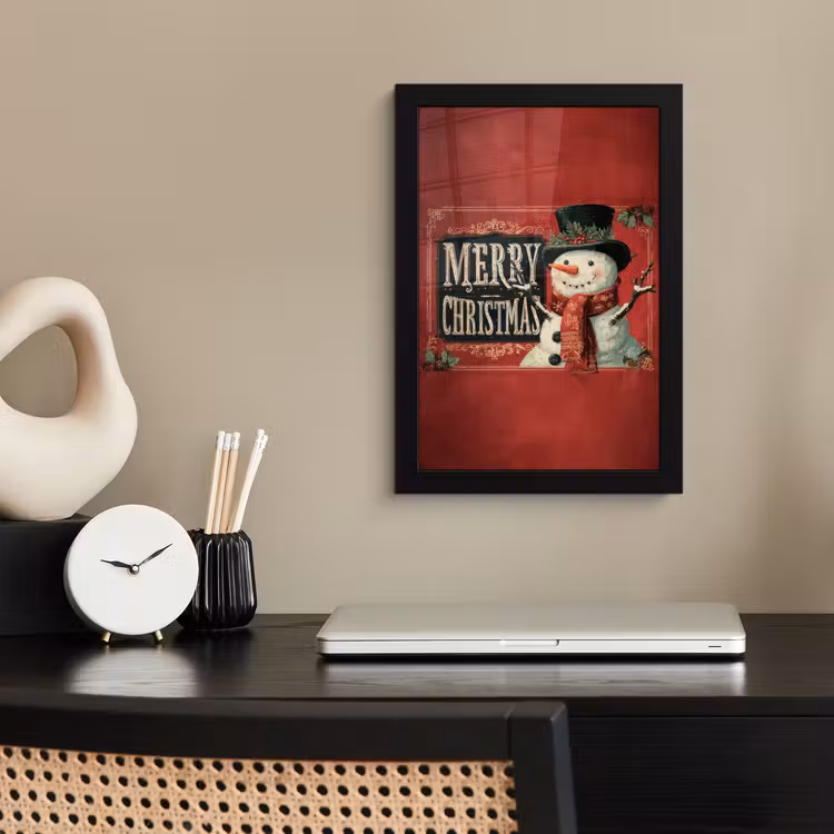 Poster met lijst - Klassiek - Kerstgroet - Sneeuwpop - Rood — 3