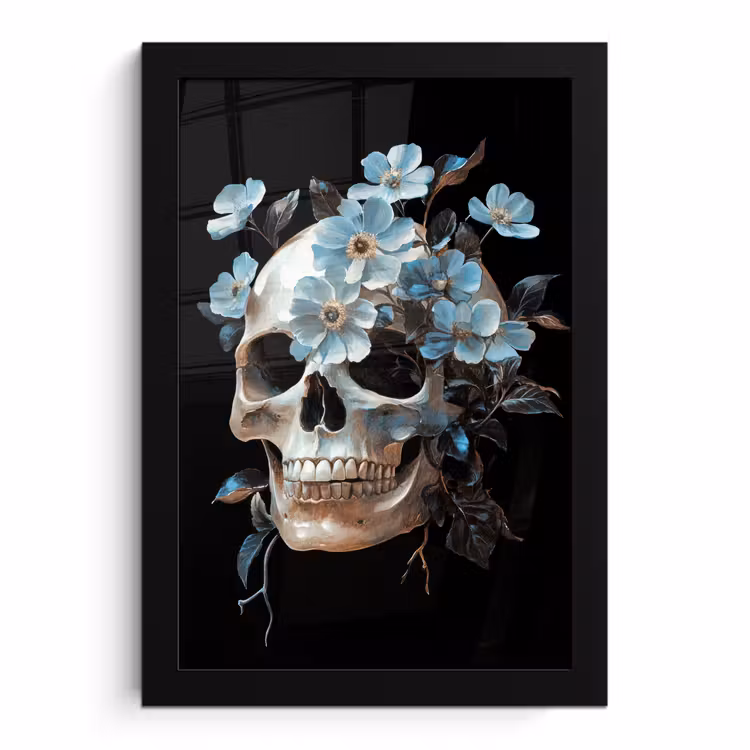 Poster met lijst - Schedel - Blauw - Bloemen - Bladeren — 1
