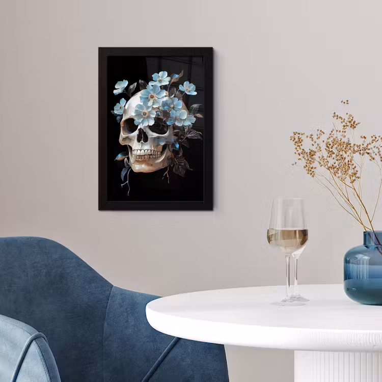 Poster met lijst - Schedel - Blauw - Bloemen - Bladeren — 2