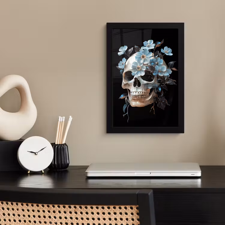 Poster met lijst - Schedel - Blauw - Bloemen - Bladeren — 3