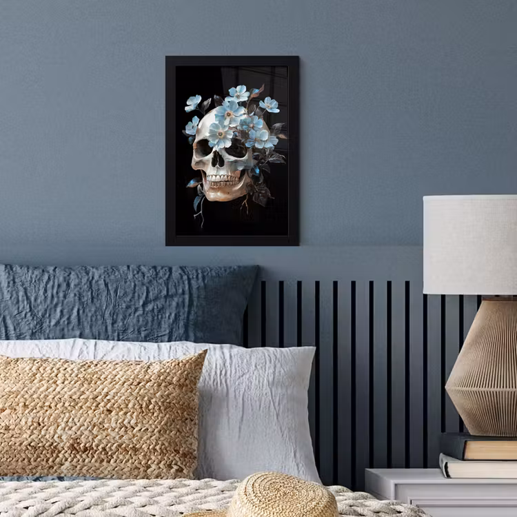 Poster met lijst - Schedel - Blauw - Bloemen - Bladeren — 4