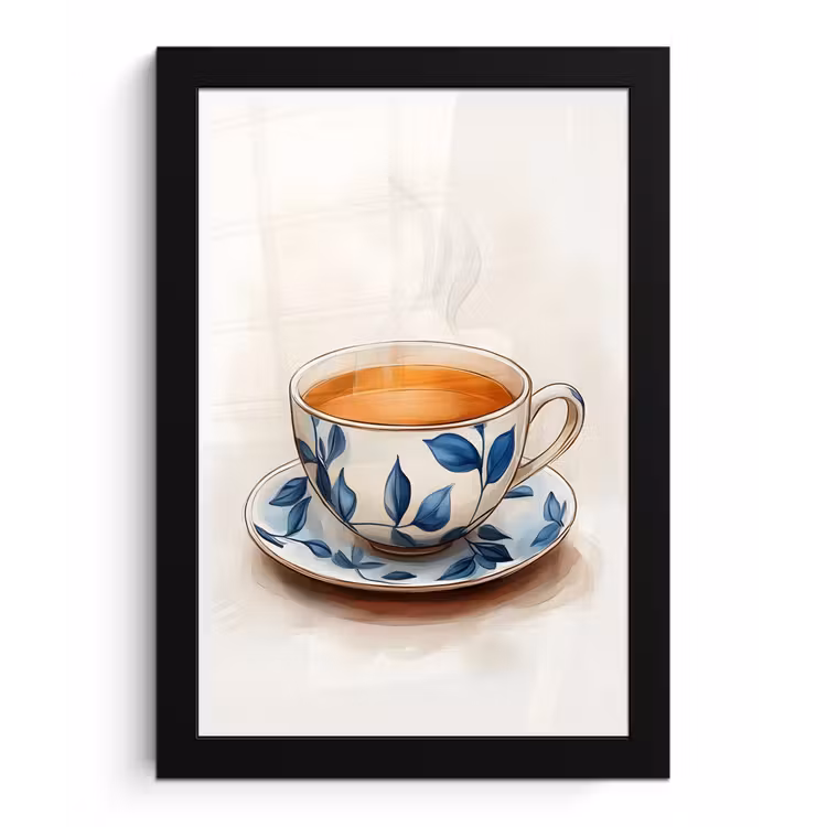 Poster met lijst - Theekop - Bladeren - Blauw — 1