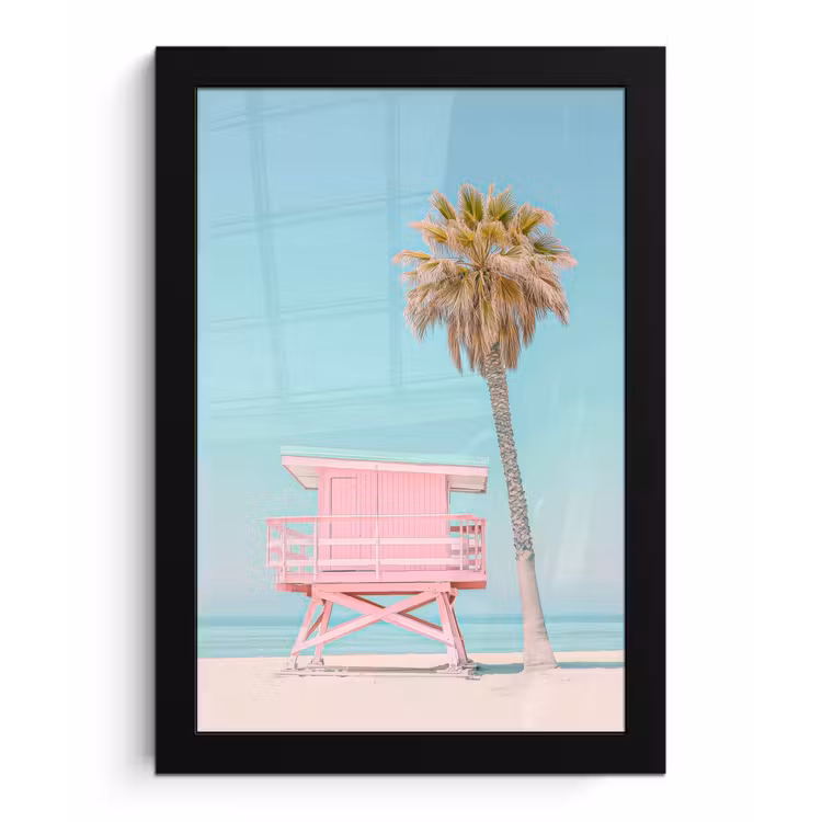 Poster met lijst - Palmboom - Strandhuis - Roze — 1