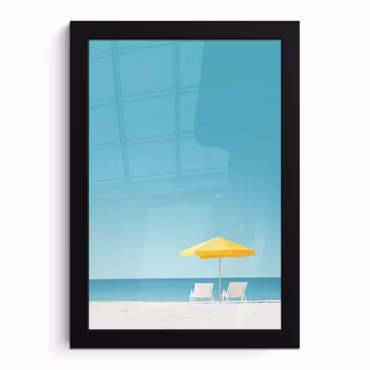 Poster met lijst - Strand - Blauwe lucht - Geel - Parasol — 1