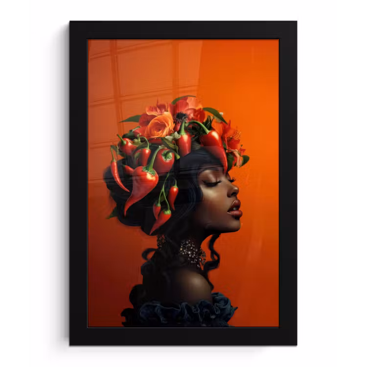 Poster met lijst - Vrouw - Chilipepers - Pepers - Bloemen — 1