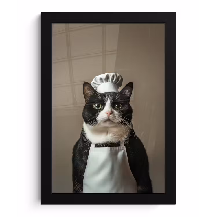 Poster met lijst - Kat - Kokskleding - Zwart - Wit — 1