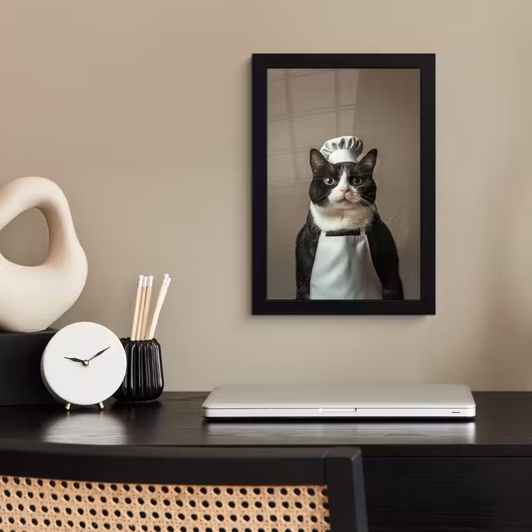 Poster met lijst - Kat - Kokskleding - Zwart - Wit — 3