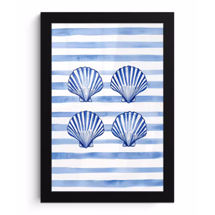Poster met lijst - Vier schelpen - Blauw - Wit - Strepen — 1