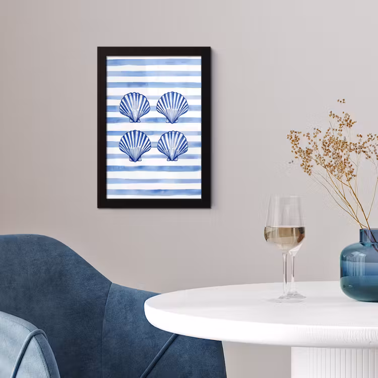 Poster met lijst - Vier schelpen - Blauw - Wit - Strepen — 2