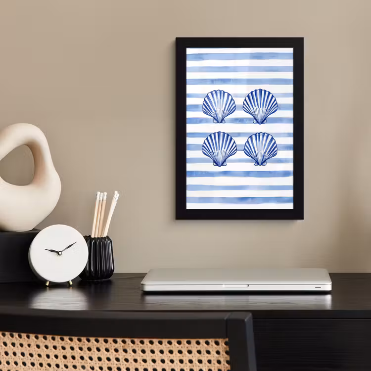 Poster met lijst - Vier schelpen - Blauw - Wit - Strepen — 3
