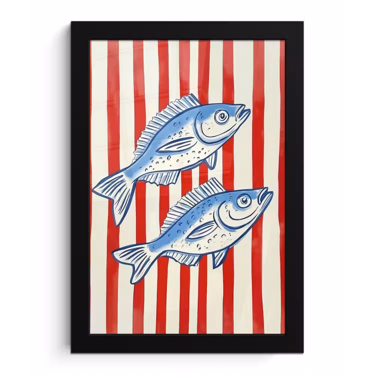 Poster met lijst - Vissen - Verticale strepen - Blauw - Rood — 1