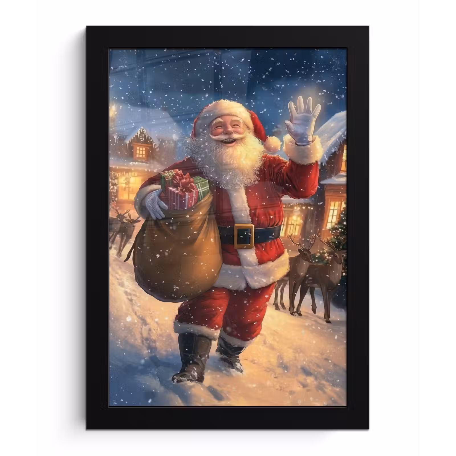 Poster met lijst - Kerstman - Dorp - Hert - Donker — 1