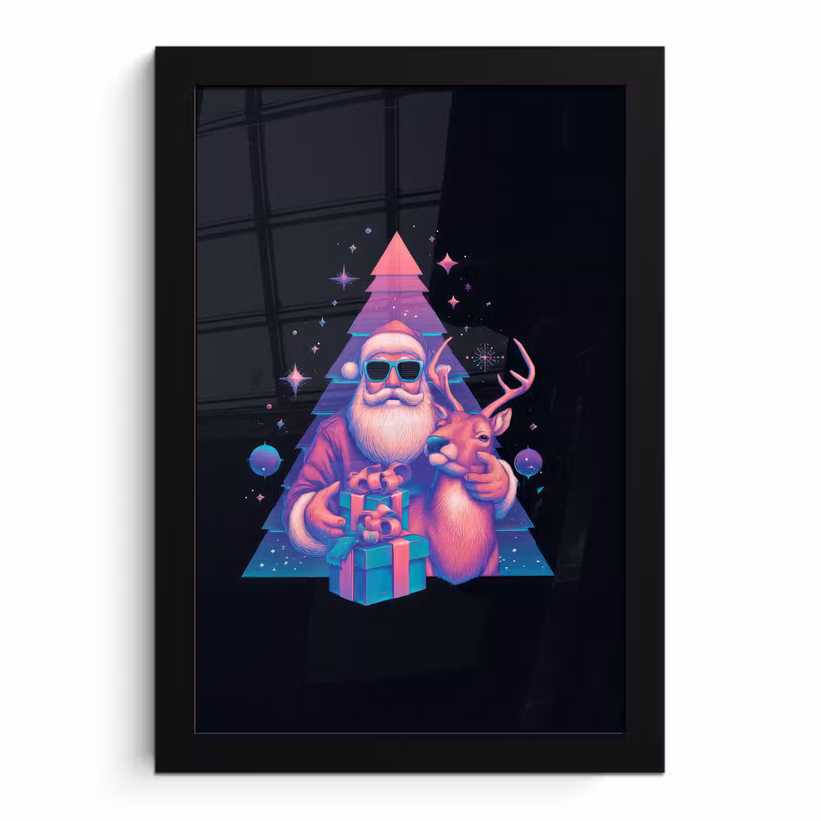 Poster met lijst - Retro - Kerstman - Rendieren - Kerstboom — 1