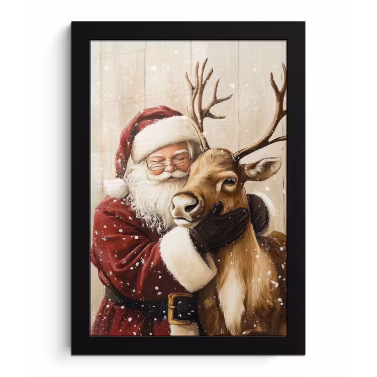 Poster met lijst - Kerstman - Rendier - Sneeuw - Kleurrijk — 1