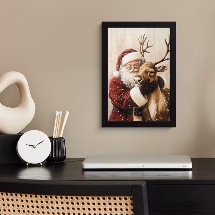 Poster met lijst - Kerstman - Rendier - Sneeuw - Kleurrijk — 3