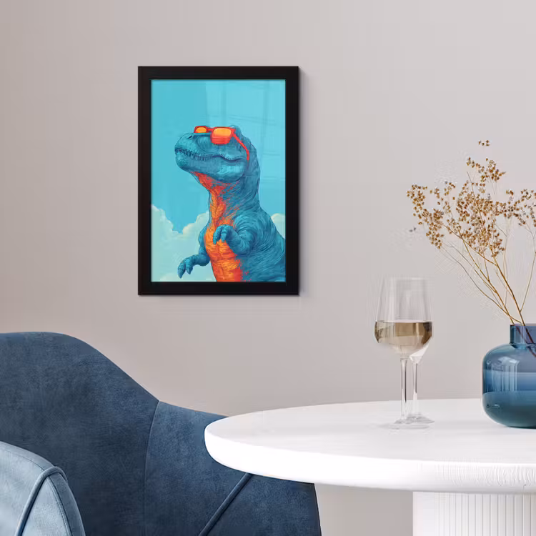 Poster met lijst - T-Rex - Blauw - Wolken - Zonnebril — 2