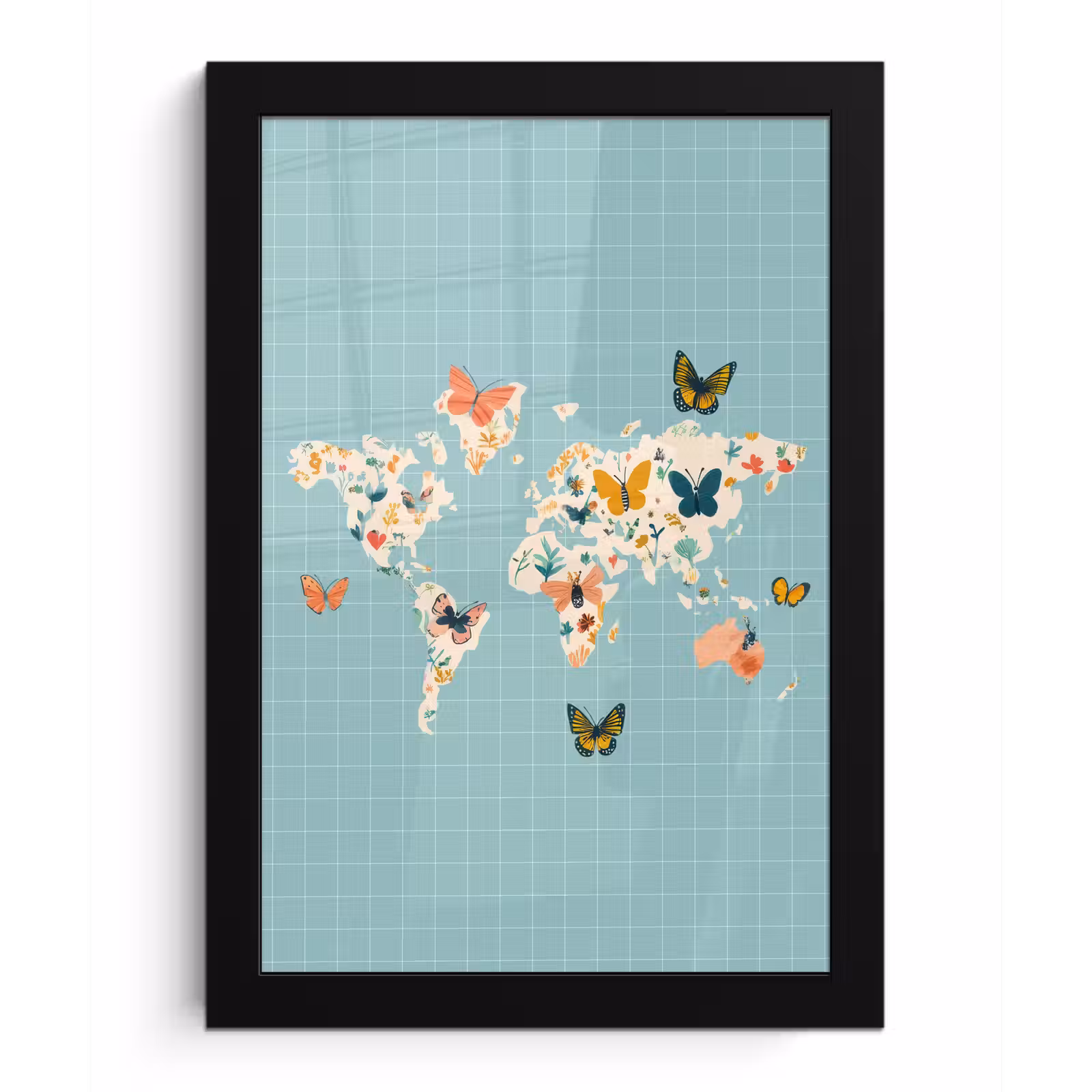 Poster met lijst - Wereldkaart - Vlinders - Dromerig — 1