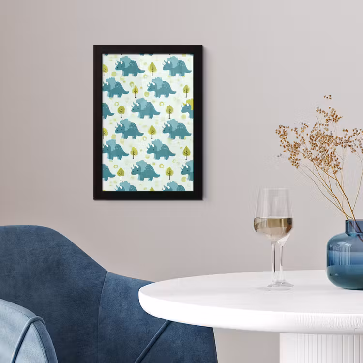 Poster met lijst - Triceratop - Blauw - Stippen - Boompjes — 2
