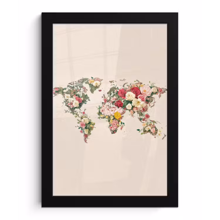 Poster met lijst - Wereldkaart - Bloemen - Roze — 1