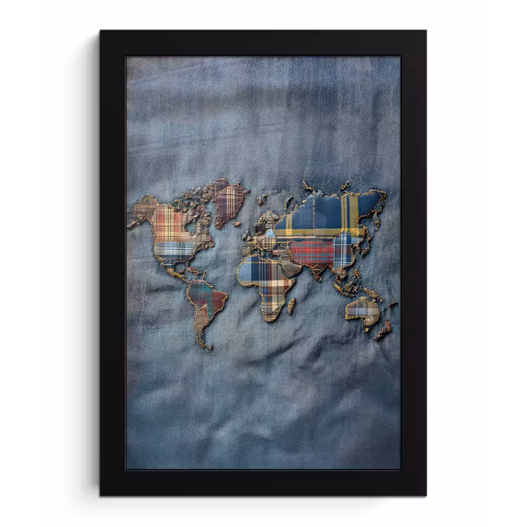Poster met lijst - Wereldkaart - Denim - Textiel — 1