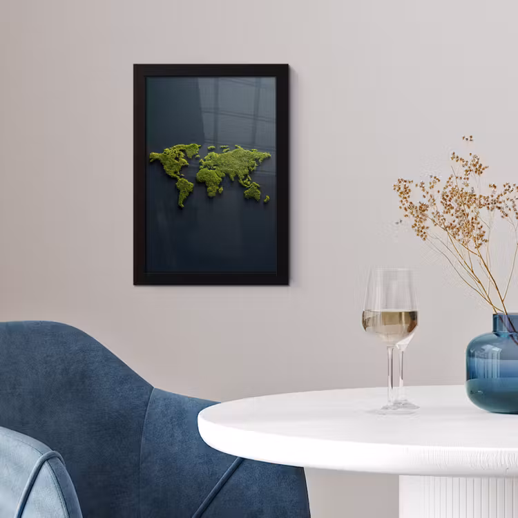 Poster met lijst - Wereldkaart - Mos -Levendig effect — 2