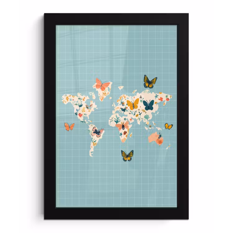 Poster met lijst - Wereldkaart - Vlinders - Dromerig — 1