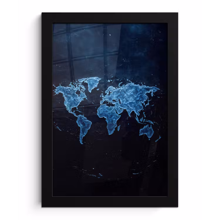 Poster met lijst - Wereldkaart - Waterstructuur - Blauw — 1